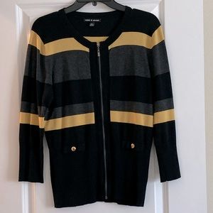 Cute black, grey, and gold zip up sweater, LG.